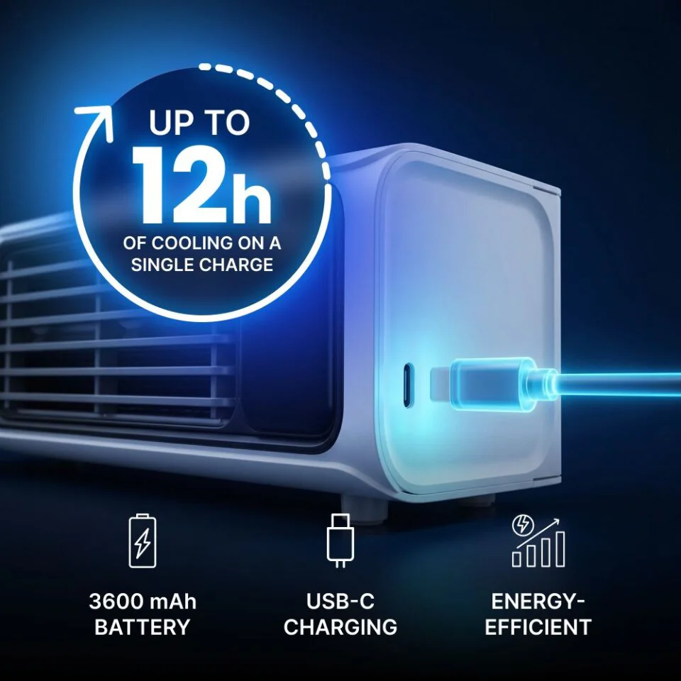 AirZuma Akkulaufzeit – bis zu 12 Stunden Kühlung mit einer Ladung, 3.600-mAh-Akku, USB-C-Laden, energieeffizient