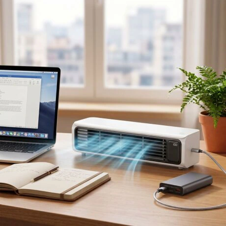 AirZuma auf dem Schreibtisch neben Laptop und Pflanze – kompakter Einsatz im Homeoffice mit Powerbank-Betrieb